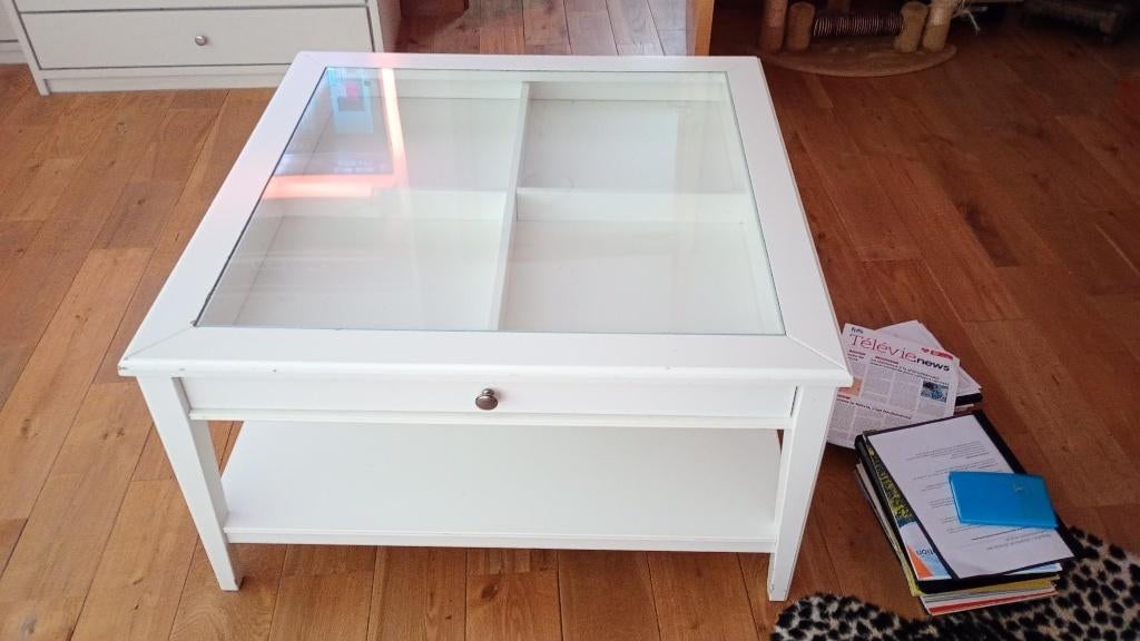 Table salon blanche bois et verre, Ophalen, Gebruikt, 50 tot 100 cm, Vierkant