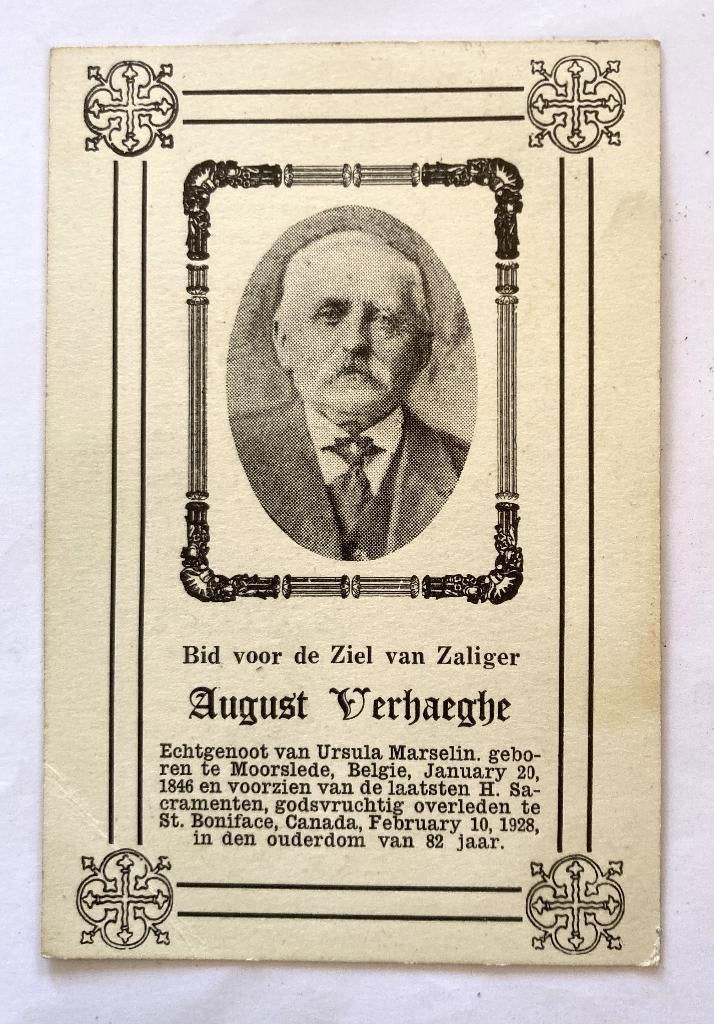 Canadees Bidprentje van West-Vlaming August Verhaeghe, Ophalen of Verzenden, Bidprentje