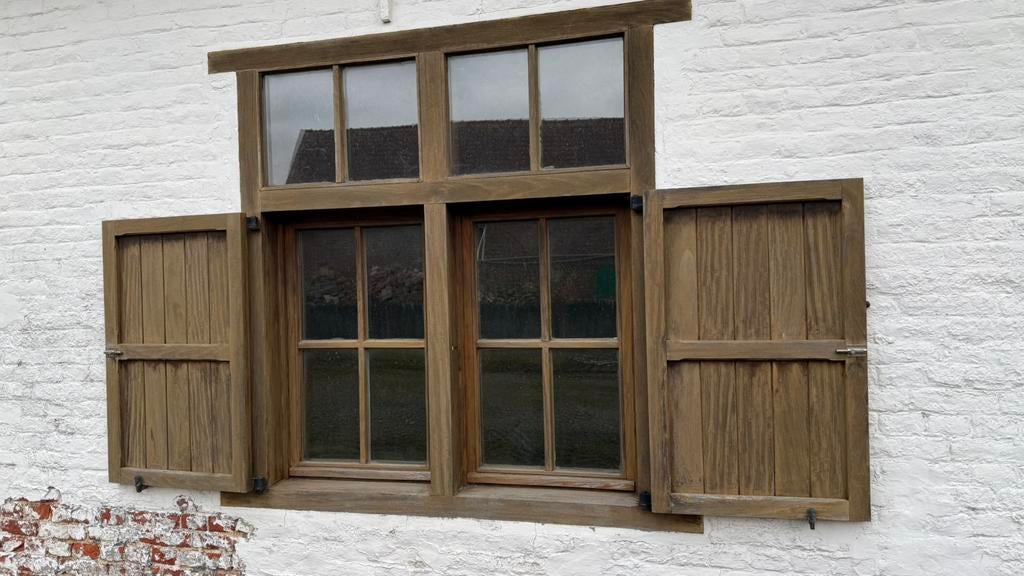 Gereserveerd Ramen + luiken afromosia, Ophalen, Gevelraam of Ruit, 160 cm of meer, Zo goed als nieuw