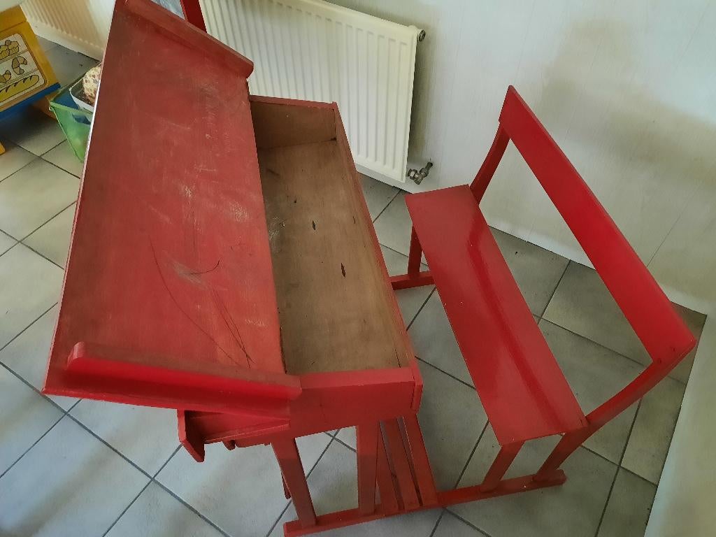 Vintage houten schoolbank met dubbelzijdig krijtbord/telraam, Antiek en Kunst, Ophalen