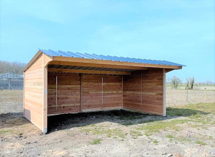 Schuilhok 4x6m in massief Douglashoutplanken 'Op voorraad', Dieren en Toebehoren, Stalling en Weidegang, Stalling, 2 of 3 paarden of pony's