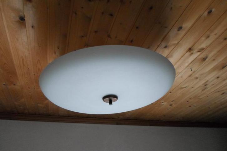 Grote Vintage Design Plafondlamp Glas Hout, Huis en Inrichting, Lampen | Plafondlampen, Zo goed als nieuw, Glas, Hout, Ophalen
