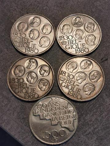 500 Franc Belgie1980,5 stuks verzilverde Frans munten  beschikbaar voor biedingen