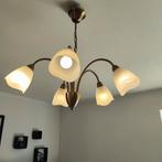 Luster, hanglamp 5 armen, brons, koper, 2 stuks beschikbaar, Huis en Inrichting, Ophalen of Verzenden, Zo goed als nieuw, Glas