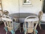 Table de jardin en osier/verre + 4 chaises + étagère, Jardin & Terrasse, Enlèvement, Utilisé, Salons de jardin