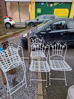 4 Wit gepatineerde smeedijzeren stoel van massief ijzer, Tuin en Terras, Tuinstoelen