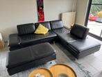 zwart modern lederen hoeksalon en poef, Huis en Inrichting, Ophalen, Gebruikt, Leer
