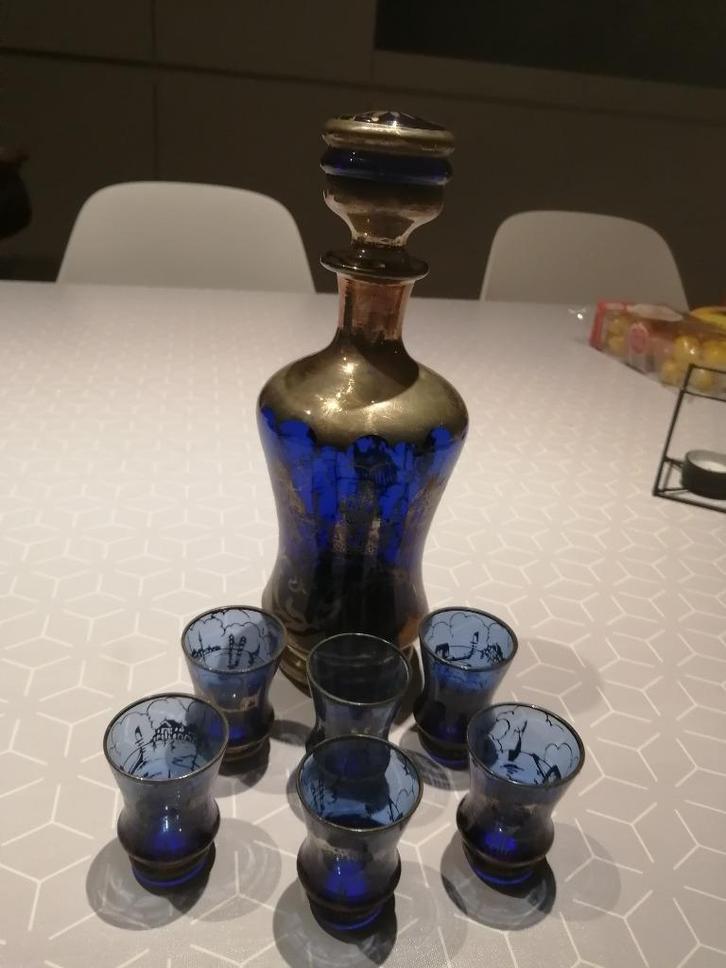 Vintage Boheems kobaltblauw kristal decanter set, Antiek en Kunst, Antiek | Servies los, Ophalen of Verzenden