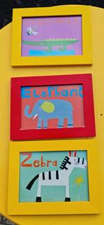 3 kleurrijke kaders met dieren : olifant, krokodil, zebra, Comme neuf, Enlèvement ou Envoi