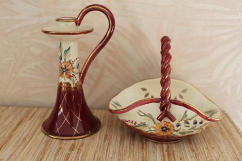 vintage Flora Gouda aardewerken kaarshouder en mandenset, Antiek en Kunst, Antiek | Kandelaars, Overige materialen, Ophalen of Verzenden
