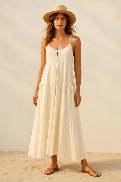 Vintage maxi zomerjurk van Philippe Salvet – 100% katoen, Kleding | Dames, Jurken, Gedragen, Maat 38/40 (M), Beige, Onder de knie