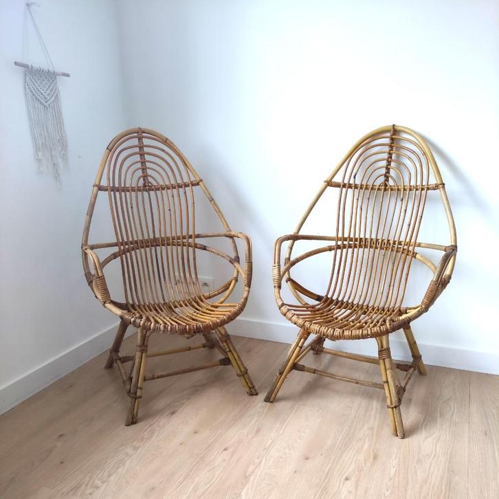 Set van 2 rotan stoelen jaren '60, Huis en Inrichting, Stoelen, Gebruikt, Twee, Riet of Rotan, Ophalen