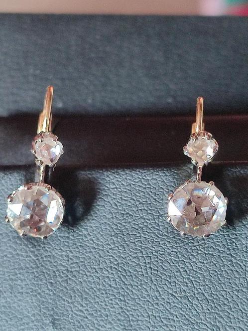 Antieke oorbellen met diamanten 1,30kt, certificaat ALGT, Handtassen en Accessoires, Antieke sieraden, Oorbellen, Goud, Met edelsteen
