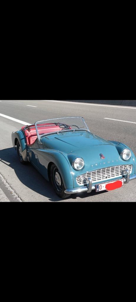 Triumph TR3A, Auto's, Triumph, Particulier, TR3, Benzine, Cabriolet, 2 deurs, Handgeschakeld, Blauw, Overige kleuren, Leder, Achterwielaandrijving