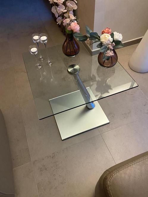 Design bijzettafel in glas en Chrome, Huis en Inrichting, Tafels | Bijzettafels, Zo goed als nieuw, Vierkant, 45 tot 60 cm, Minder dan 55 cm