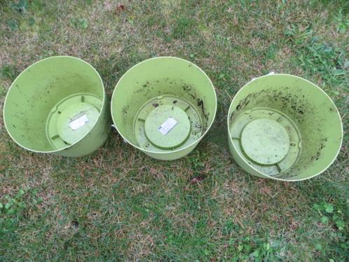 3 groene bloempotten - gebruikt - rond, Tuin en Terras, Bloempotten, Gebruikt, Kunststof, Minder dan 40 cm, 25 tot 40 cm, Rond