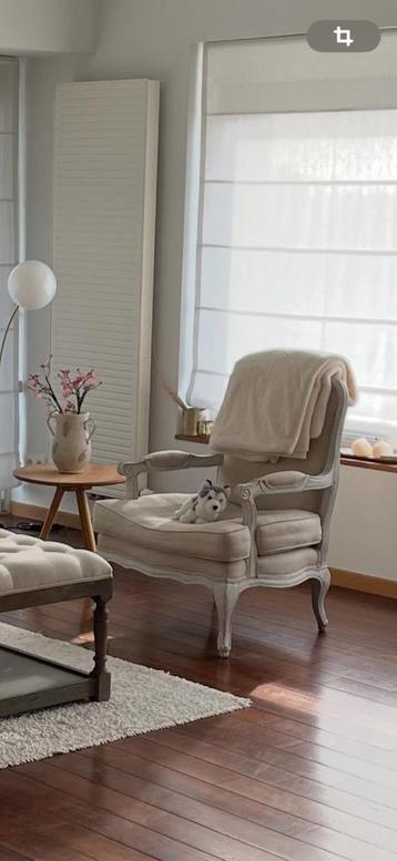 Fauteuil Louis XV stijl, lichtgrijze patina, beige kussens beschikbaar voor biedingen