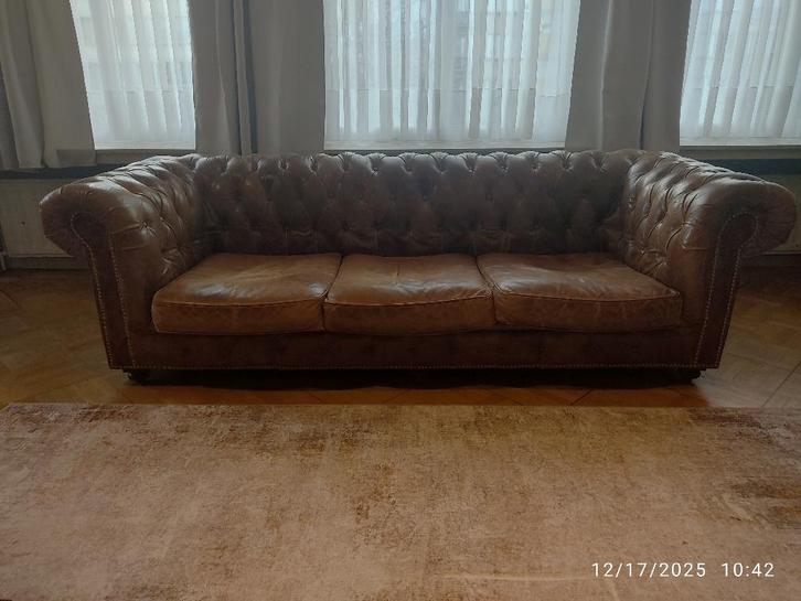 Canapé Chesterfield en cuir – 3 places, Huis en Inrichting, Zetels | Zetels, Gebruikt, Rechte bank, Driepersoons, 200 tot 250 cm