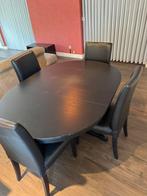 Zwarte houte eettafel + 4 leren stoelen, Huis en Inrichting, Ophalen, Gebruikt, 4 tot 6 stoelen