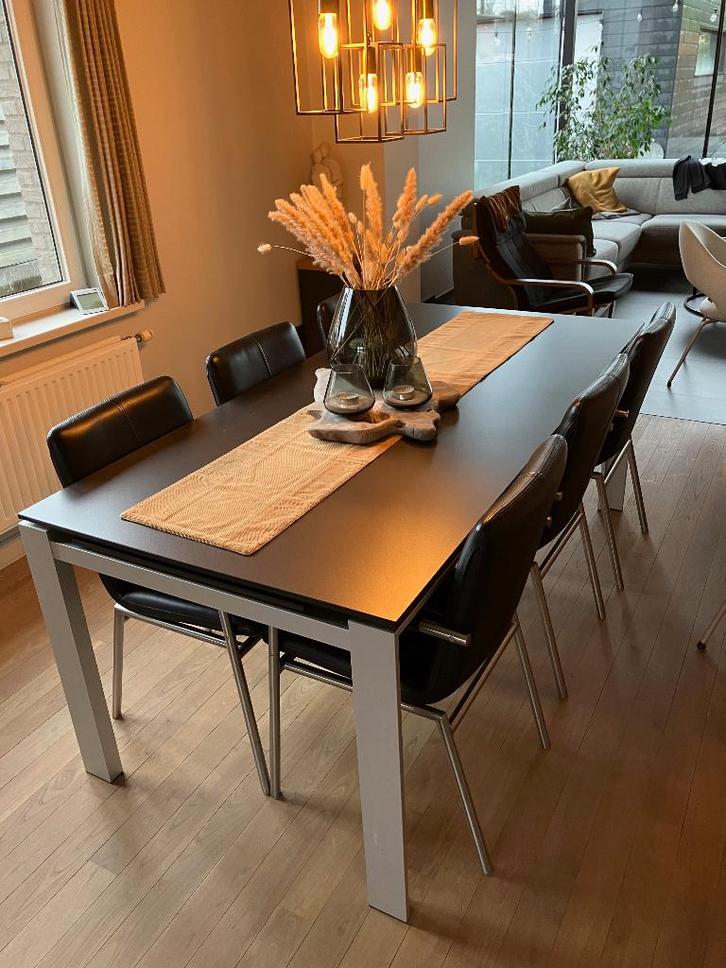 Uittrekbare aluminium eetkamertafel met 6 lederen stoelen, Huis en Inrichting, Complete eetkamers, Gebruikt, 4 tot 6 stoelen, Ophalen