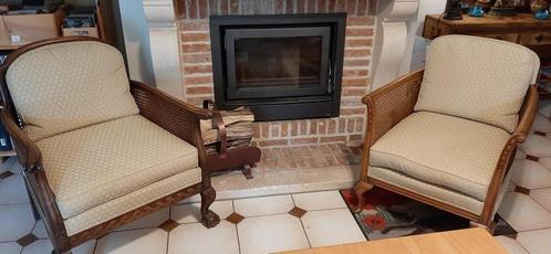 Deux fauteuils anciens en noyer et tissus en très bel état, Huis en Inrichting, Fauteuils, Gebruikt, Hout, Stof, 75 tot 100 cm