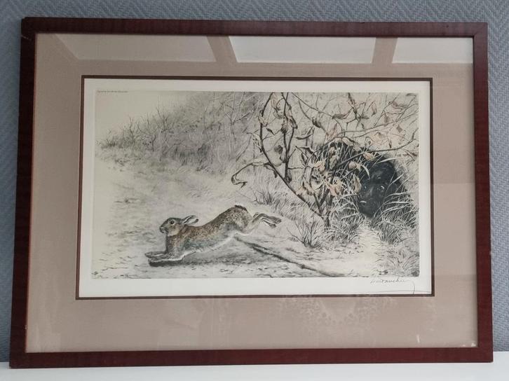 Oude lithografie gesigneerd Léon Danchin „hazenjacht”, Antiek en Kunst, Kunst | Etsen en Gravures, Ophalen