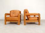 2 oak Danish armchairs in cognac leather, 75 à 100 cm, Enlèvement ou Envoi, Cuir, Utilisé