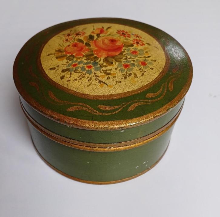 Antiek rond handbeschilderd blik., Antiek en Kunst, Antiek | Woonaccessoires, Ophalen of Verzenden