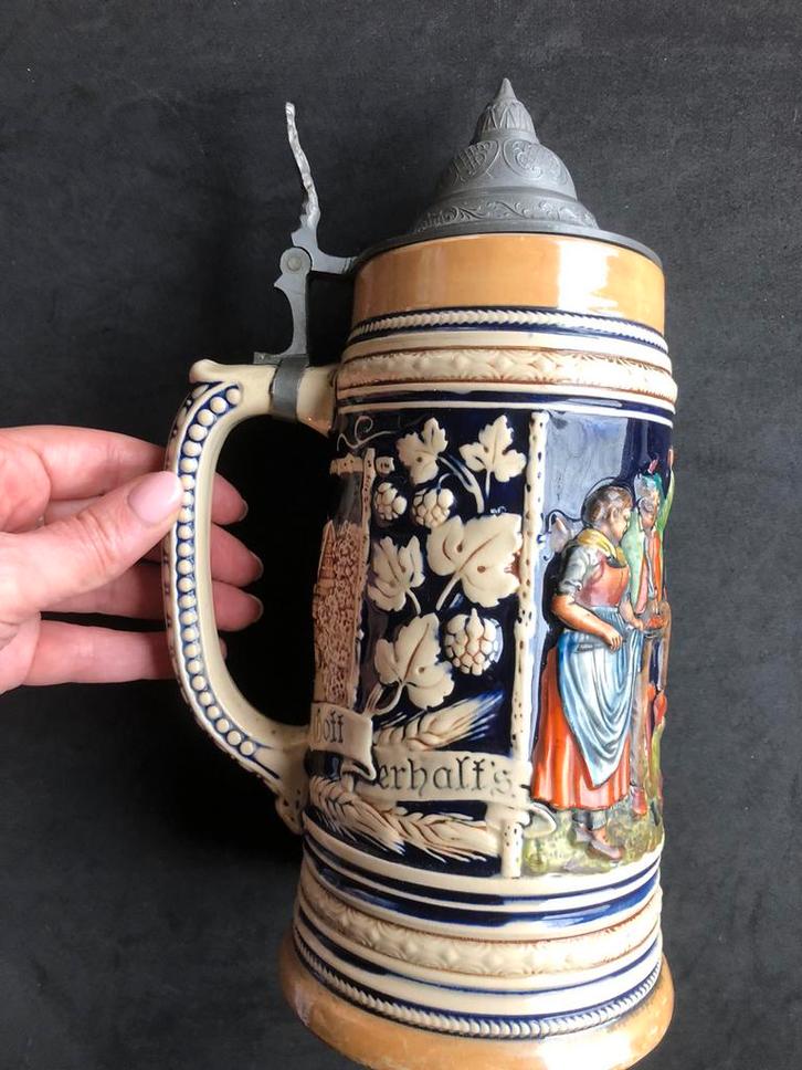 Duitse Bierpul (Martersteig) met tinnen deksel – 2572, Verzamelen, Biermerken, Gebruikt, Ophalen of Verzenden