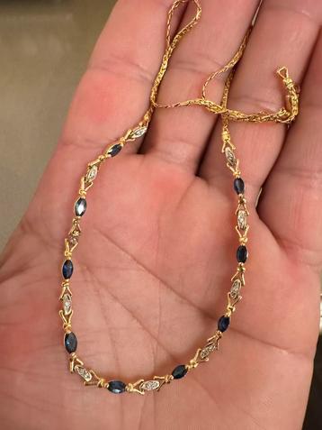 18k gouden halsketting met diamanten en saffier beschikbaar voor biedingen