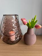 Taupe glazen windlicht H32cm, alle decoratie inclusief, Ophalen of Verzenden