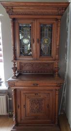 Antieke massiefeikenhouten kast met origineel glas-in-lood, Antiek en Kunst, Ophalen