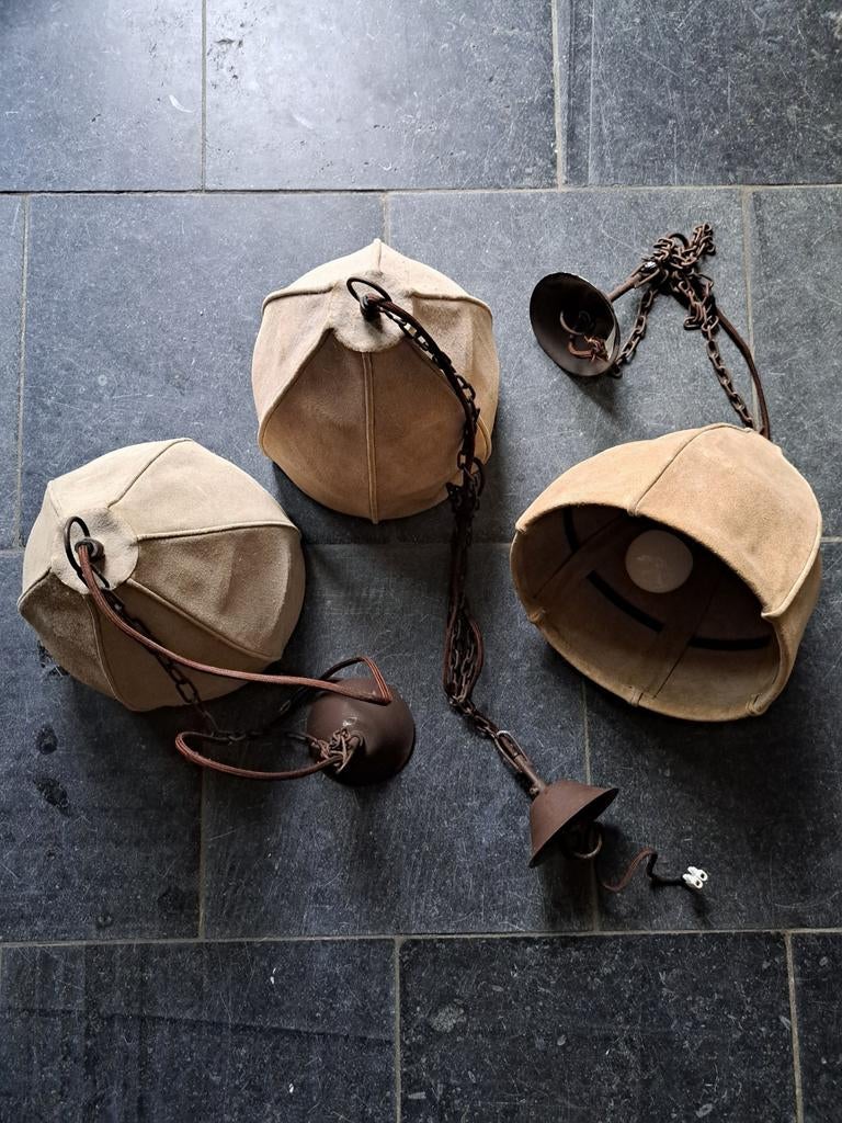 3 hanglampen in leder/metaal, Enlèvement, Comme neuf, Métal