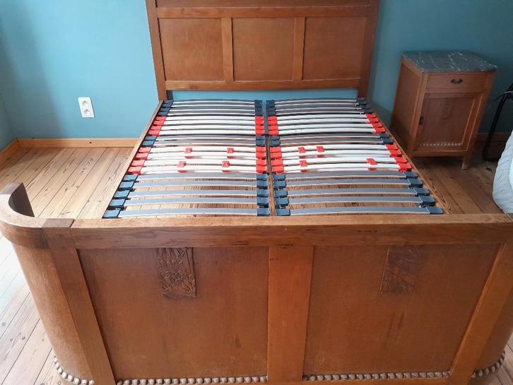 Massief eiken bed incl. nachtkastje en commode, Huis en Inrichting, Slaapkamer | Complete slaapkamers, Gebruikt, Twijfelaar, Ophalen