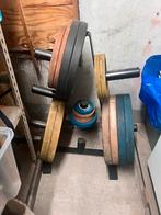 Set olympische gewichten en bar., Sport en Fitness, Ophalen, Gebruikt, Halterschijven