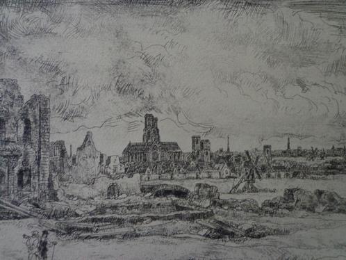 ets Willem Linnig junior landschap met ruïne kerk en molen, Antiquités & Art, Art | Eaux-fortes & Gravures, Enlèvement ou Envoi