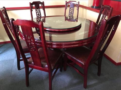 TABLE RONDE + 6 CHAISES CHINOISES en bois laqué, Huis en Inrichting, Complete eetkamers, Gebruikt