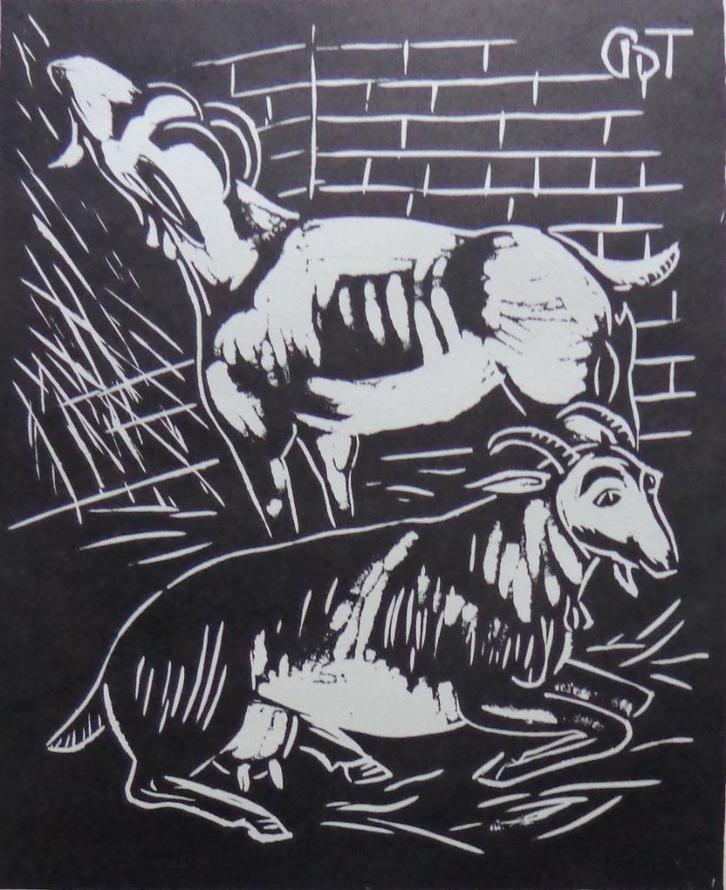 PROSPER DE TROYER / TWEE GEITEN / ZW-W LINOSNEDE / 36x31cm, Antiek en Kunst, Kunst | Etsen en Gravures, Ophalen of Verzenden