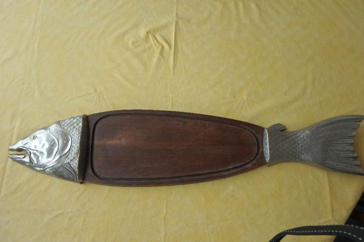 Plateau à poisson en bois et étain, Maison & Meubles, Cuisine | Casseroles & Poêles, Comme neuf, Autres types, Autres matériaux