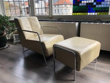 Bauhaus - Ecru Lederen Relaxzetel Met Ottoman In Chroom beschikbaar voor biedingen