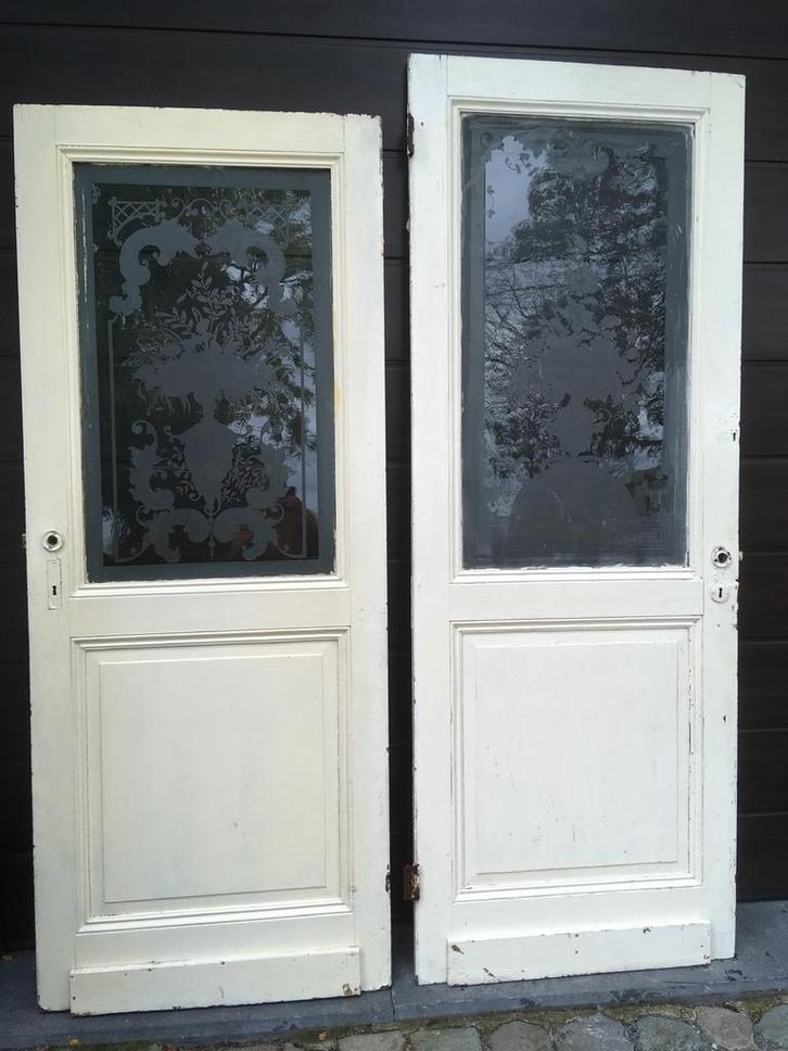 Oude / antieke deuren met art Deco geëtst glas, Doe-het-zelf en Bouw, Deuren en Vliegenramen, Gebruikt, Glas, Ophalen