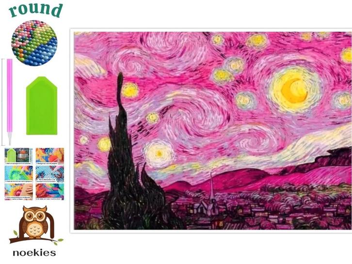 nr 231 Diamond painting roze nacht 40x30cm (rond), Hobby en Vrije tijd, Knutselen, Nieuw, Diamond painting, Educatief, Zelfklevend