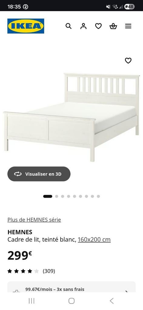 Cadre de lit IKEA Hemnes blanc 160x200 cm, Maison & Meubles, Enlèvement ou Envoi, 210 cm, Utilisé, 180 cm