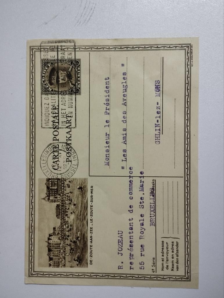 Een oude postkaart met postzegel erop afgestempeld met kg er, Enlèvement