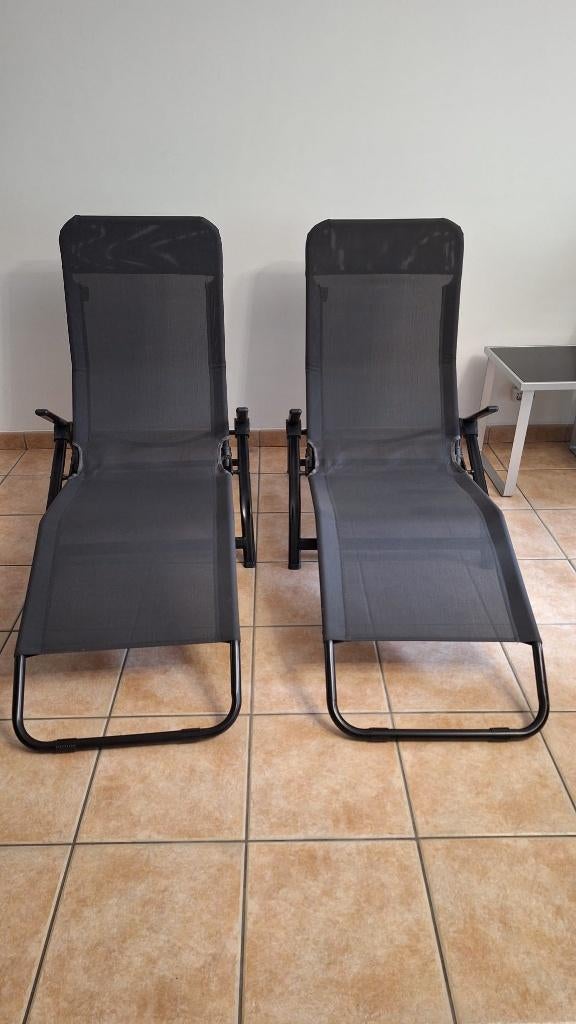 Chaises Longues Bain de soleil 2 Positions Taupe Belavi, Jardin & Terrasse, Chaises longues, Enlèvement, Utilisé, Textilène, Pliant