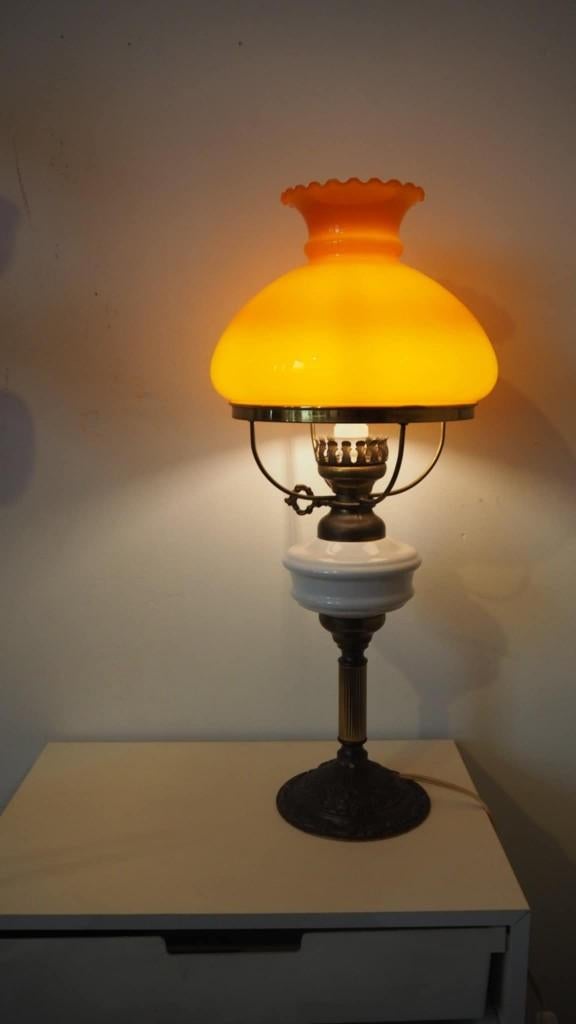 Mid-century oranje opaline tafellamp, 1960s, Maison & Meubles, Lampes | Lampes en vrac, Comme neuf, Ampoule LED, Enlèvement