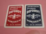 2 oude speelkaarten likeurstokerij Defoirdt , Wortegem (188), Verzamelen, Ophalen of Verzenden, Zo goed als nieuw, Speelkaart(en)