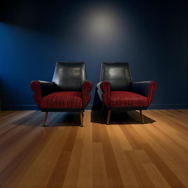 Set van 2 vintage zwart rode fauteuils / zetels / eenzitten, Antiek en Kunst, Antiek | Meubels | Stoelen en Sofa's, Ophalen of Verzenden