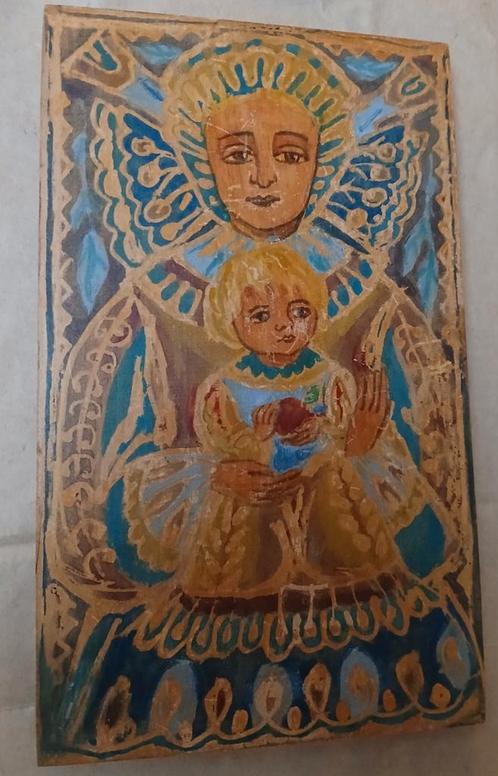 Handgeschilderde Madonna op hout (1970), Antiek en Kunst, Antiek | Religieuze voorwerpen, Ophalen of Verzenden