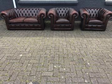 Originele Vintage Chesterfield 2+1+1 zit salon bruin leer